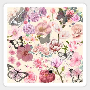 Vintage Flowers and Butterfly Floral Wallpaper Beige Background Sticker